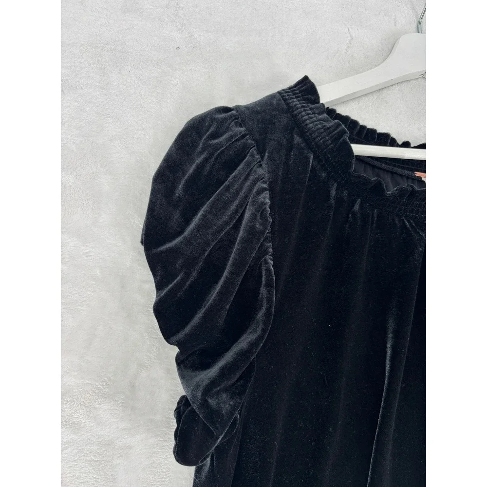 Free People Velvet Top Size L Black Smocked Puff Sleeve‎ Tie Neck Boho